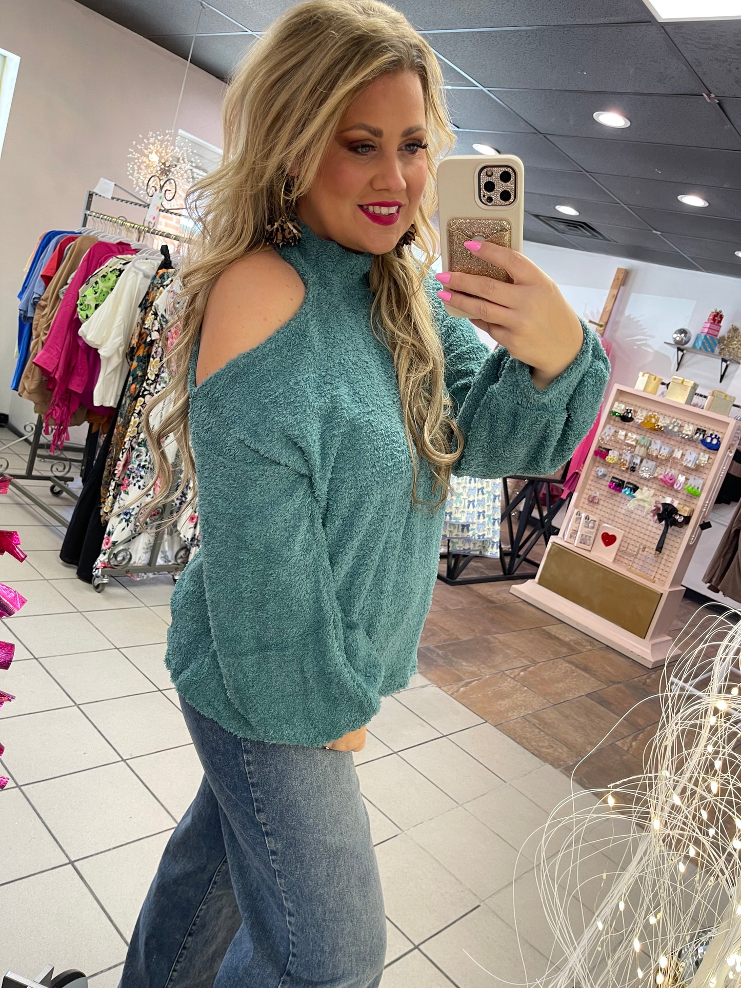 Teal Open Shoulder Sweater