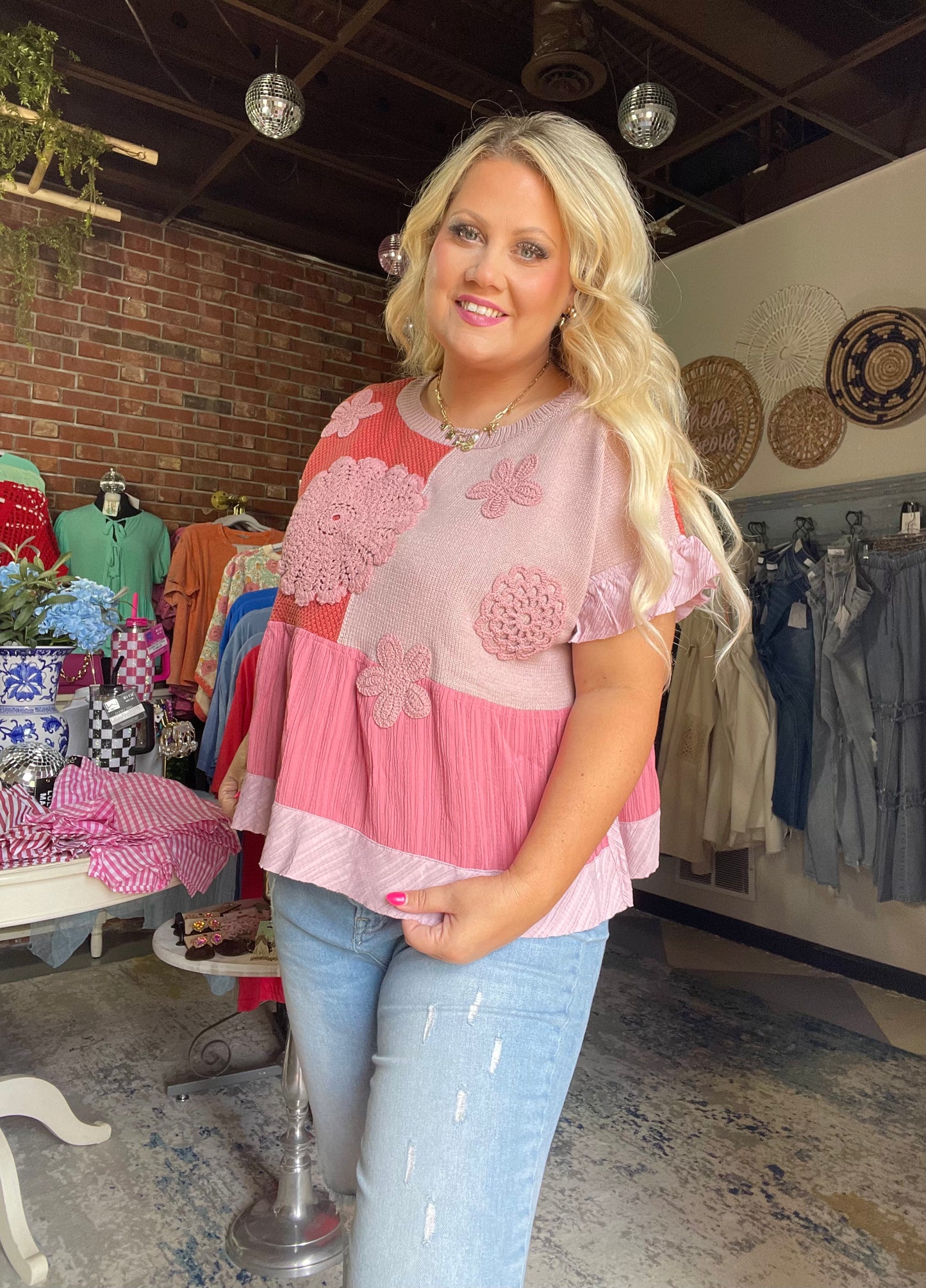 Pink Crochet Ruffle Top