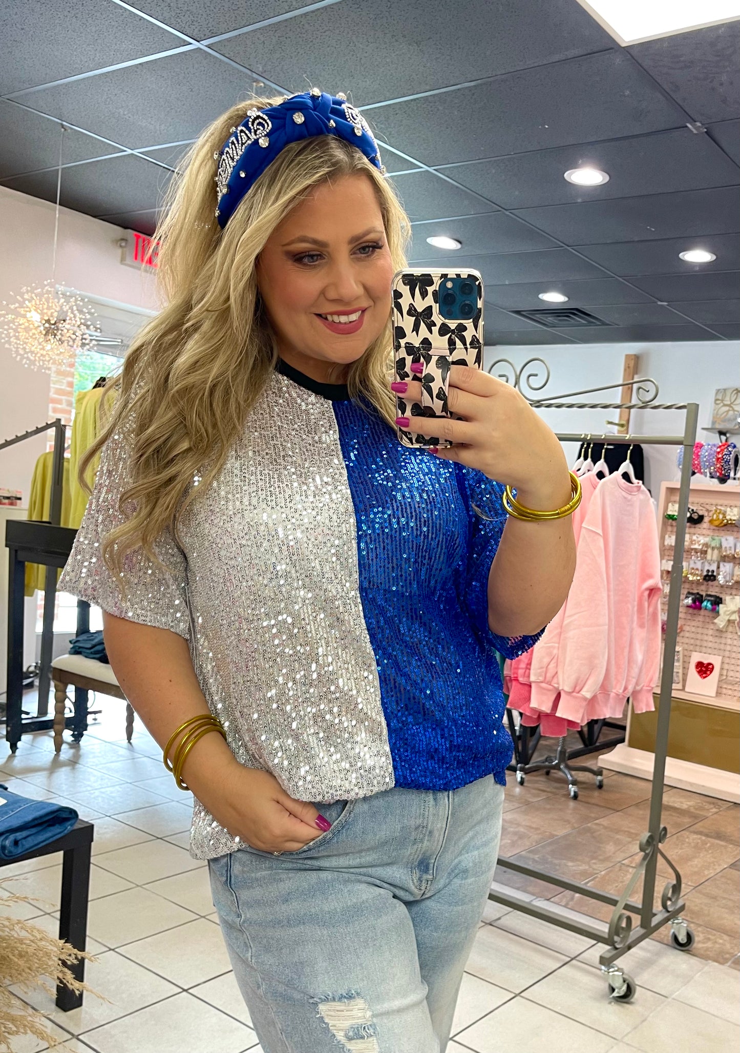 Blue White Sequin Top
