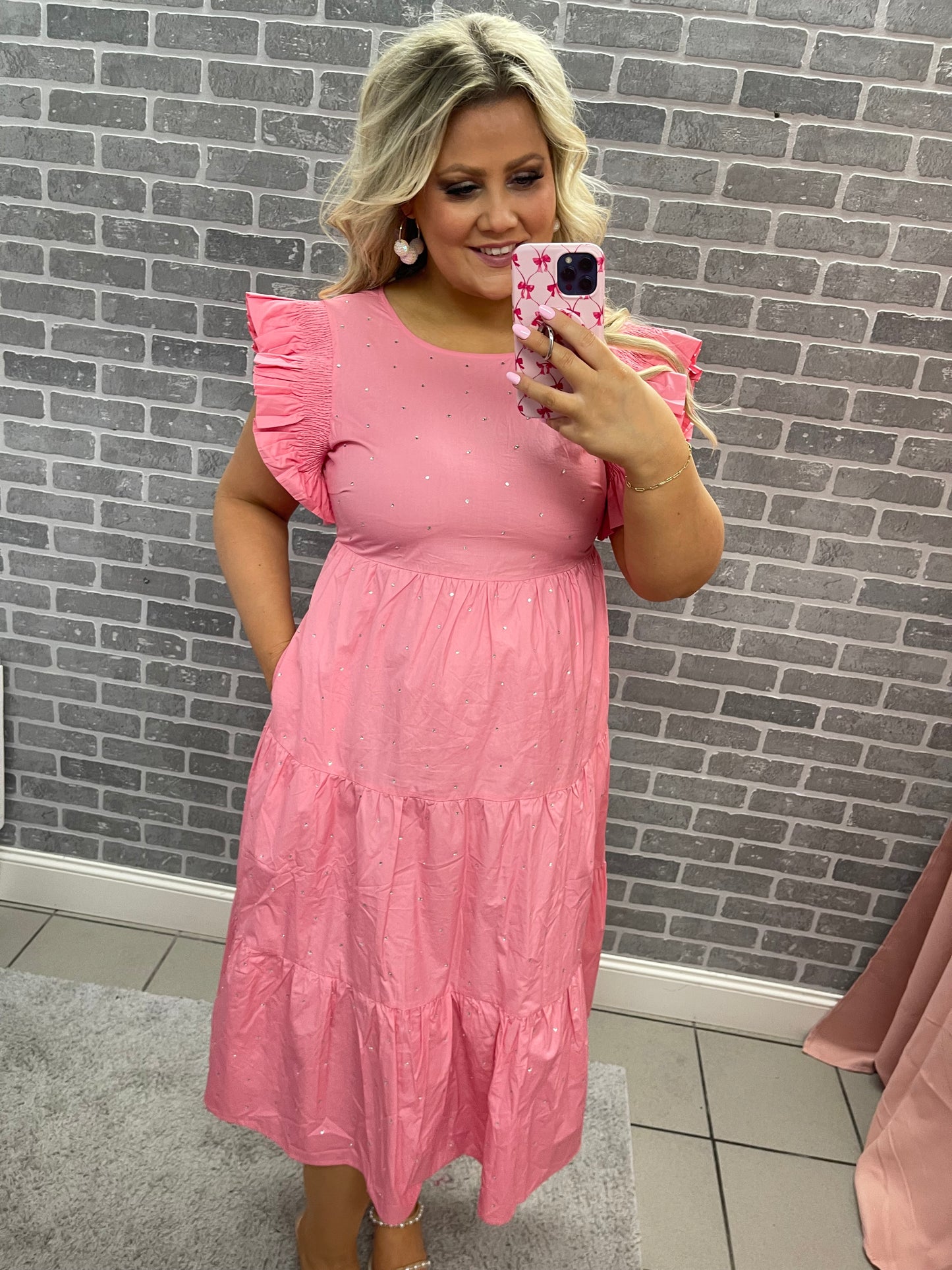 Pink Rhinestone Midi Dress