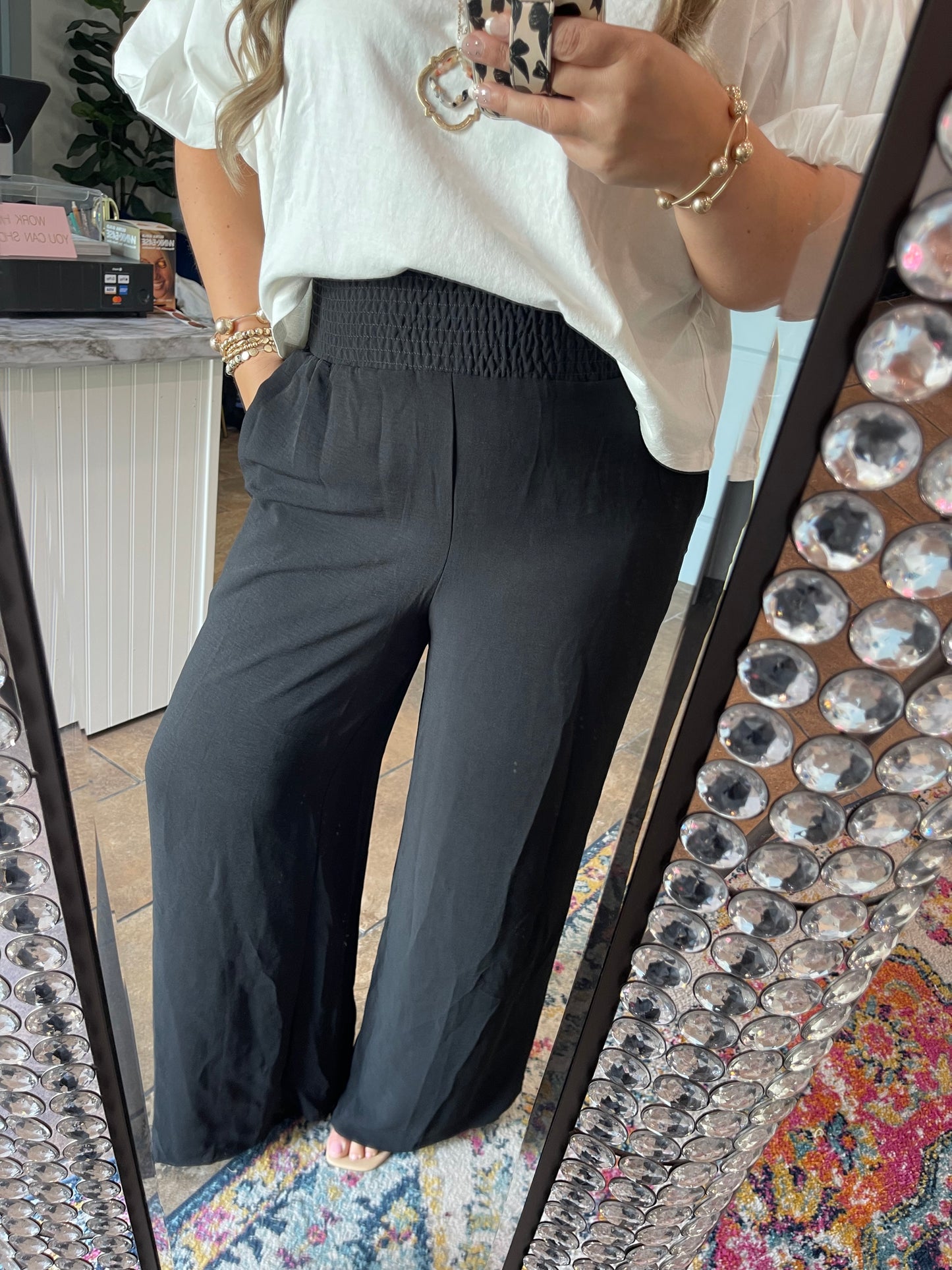 Black Smocked Wide Leg Pants