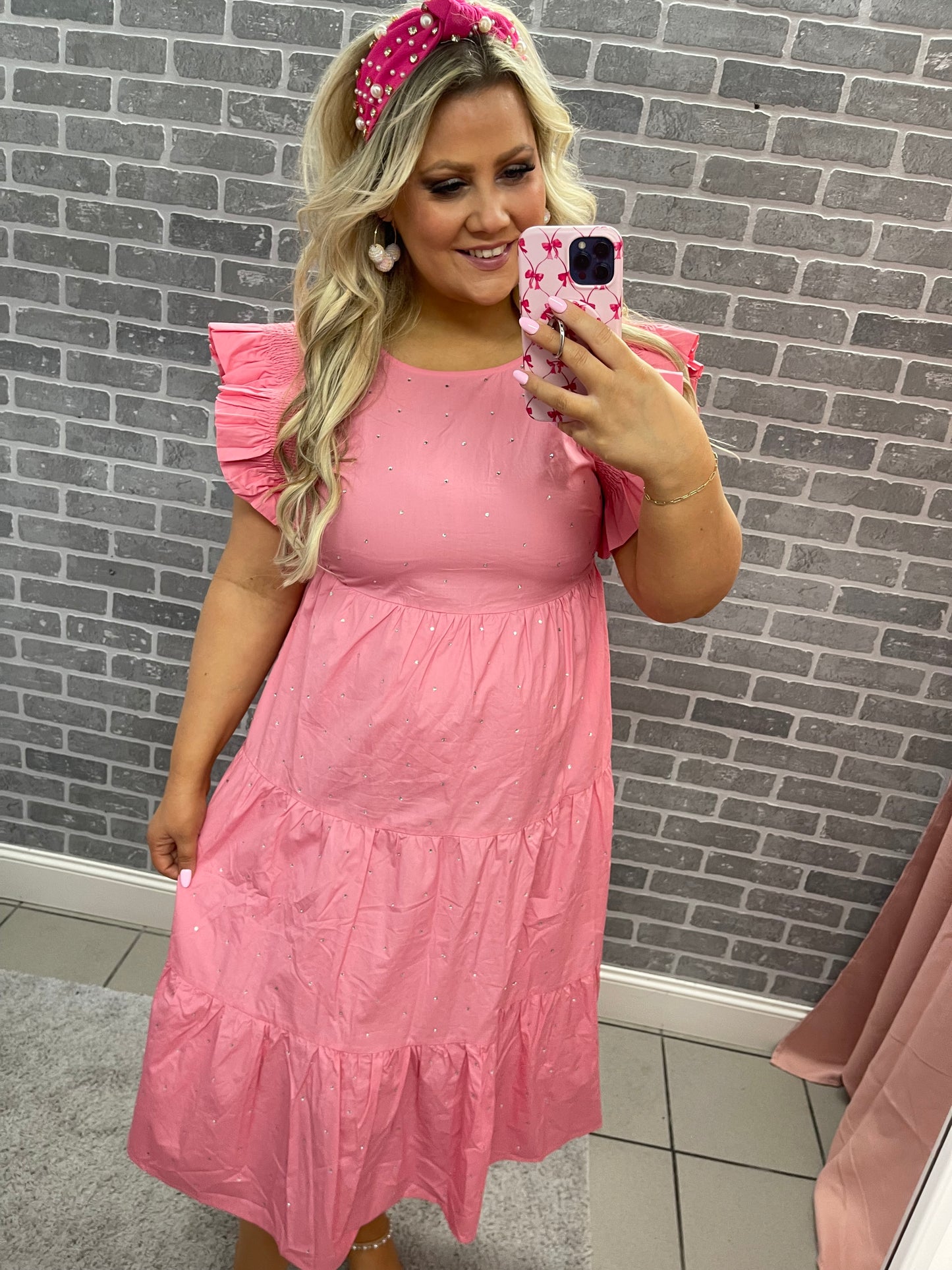 Pink Rhinestone Midi Dress