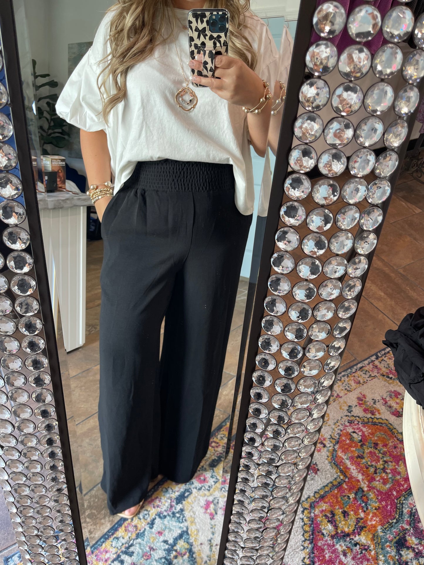 Black Smocked Wide Leg Pants