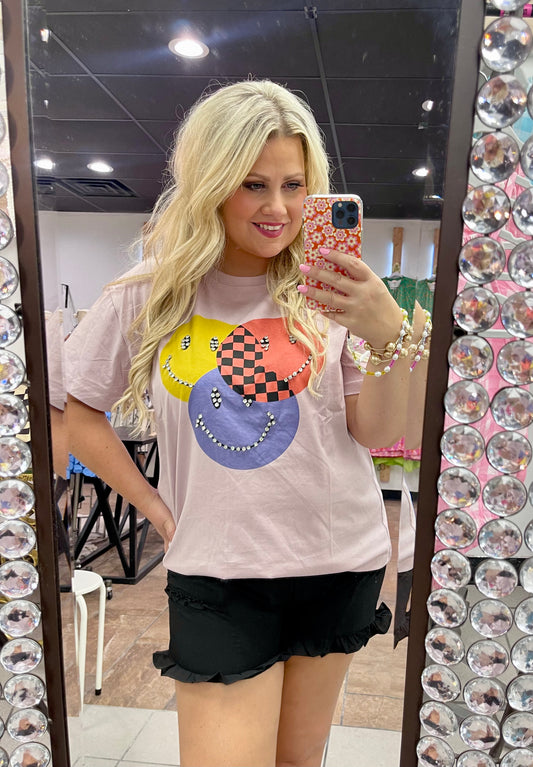 Mauve Rhinestone Smiley Tee