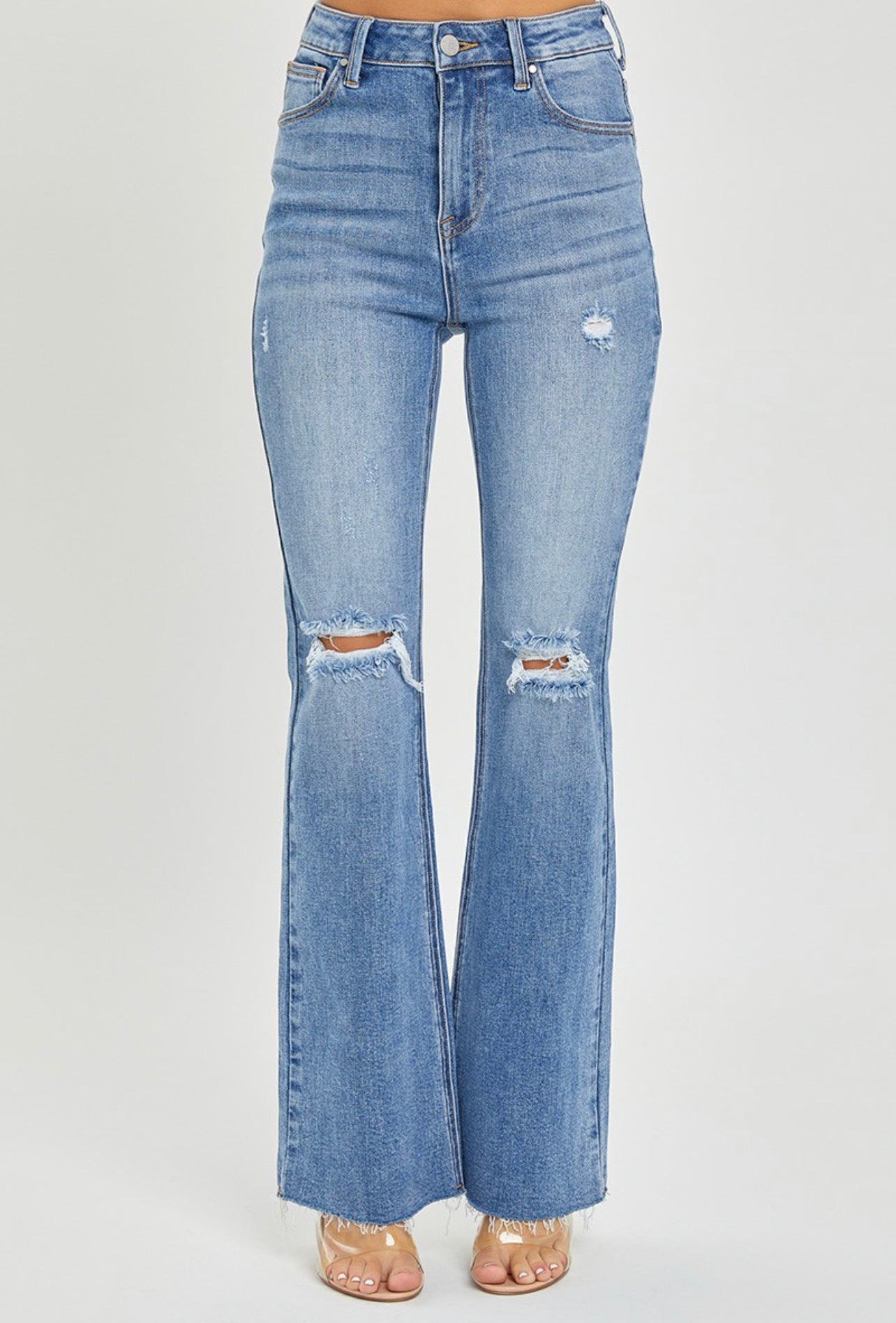 PLUS RISEN High Rise Distressed Flare Jeans