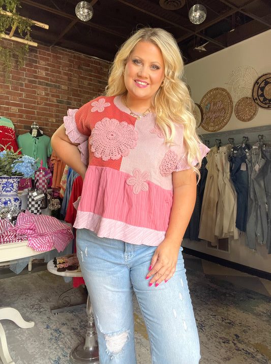 Pink Crochet Ruffle Top