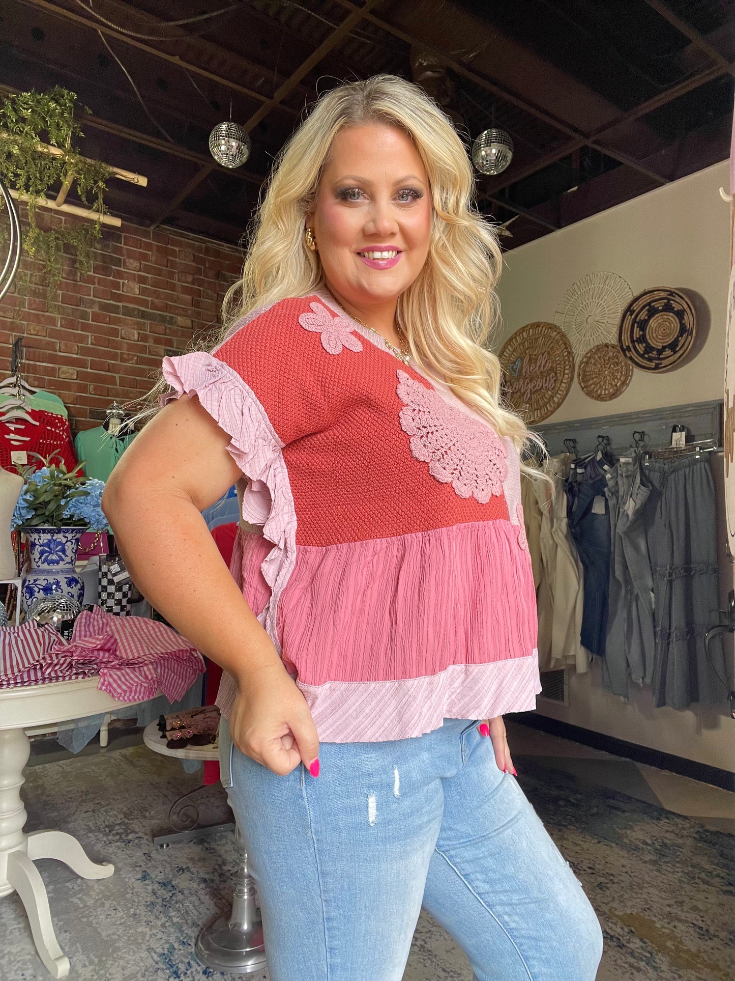 Pink Crochet Ruffle Top
